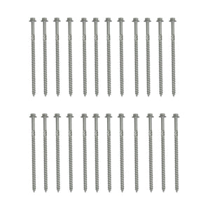 Twenty-four Regal Rail 6" Structural Lags (REGAL, 24 Pack) are arranged in two parallel rows of twelve on a white background. Each screw features a hex head and threaded shaft, ideal for rust-resistant aluminum railing systems.