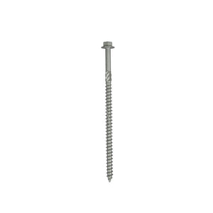 A 6" Regal Rail structural self-drilling lag screw with hex head and sharp tip, shown isolated on white. This rust-protected screw has a threaded shaft, integrated washer, and is ideal for aluminum railing systems. Sold in a 24 pack (Regal 6" Structural Lags).