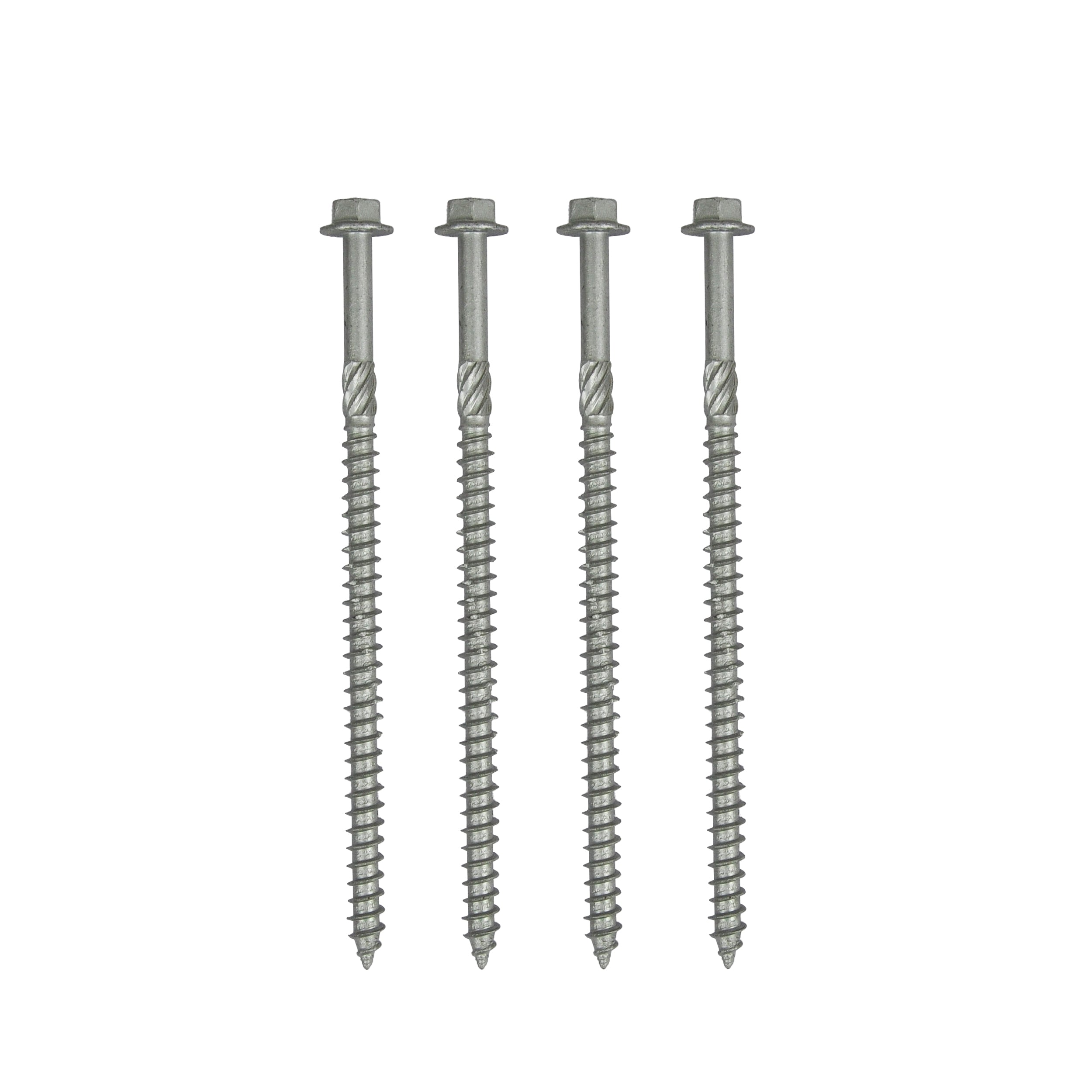Four Regal Rail 6" Structural Lags (4 Pack), silver zinc plated with hexagonal heads, are shown vertically and evenly spaced against a white background—perfect for aluminum railing systems.