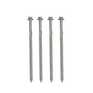 Four Regal Rail 6" Structural Lags (4 Pack), silver zinc plated with hexagonal heads, are shown vertically and evenly spaced against a white background—perfect for aluminum railing systems.