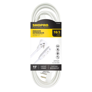 16/3 SPT-3 3-Outlet Flat Plug 10' Indoor Extension Cord, White