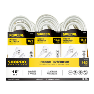 16/3 SPT-3 3-Outlet Flat Plug 10' Indoor Extension Cord, White