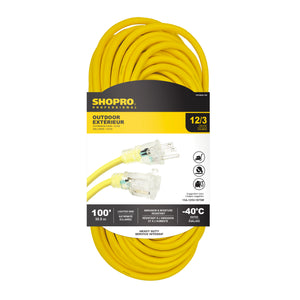 100' Lit End Outdoor Extension Cord, Yellow