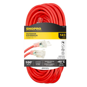 100' Lit End Outdoor Extension Cord, Red