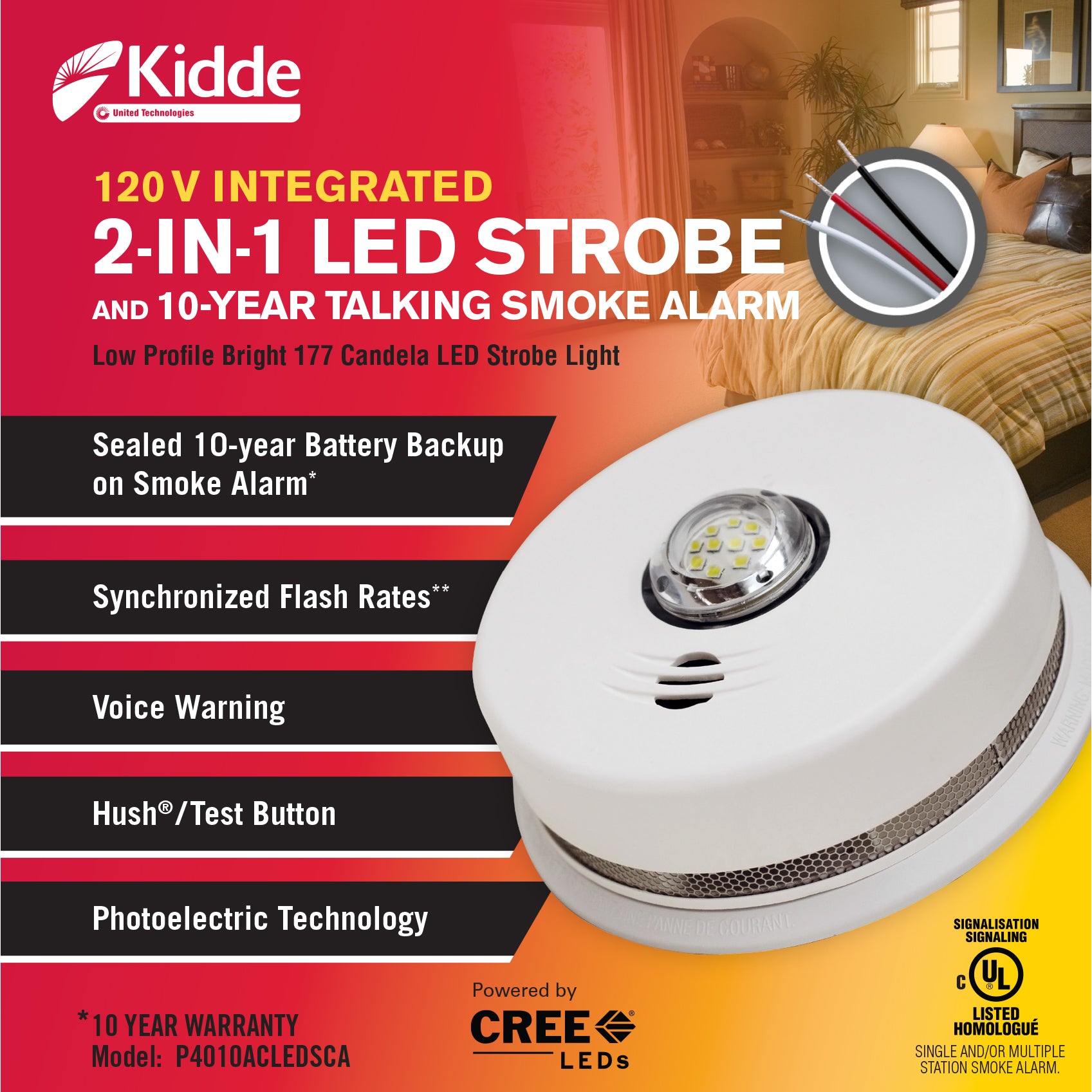 Kidde Smoke Alarm LED Strobe Hardware with 10-Year Battery