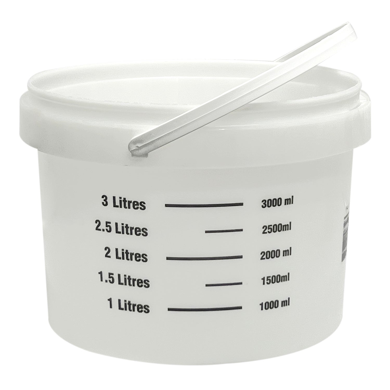Bennett Tools Canada 4.5L Graduated Plastic Mixing Pail, a white plastic mixing bucket with a wire handle and graduated volume markings from 1 to 3 liters.