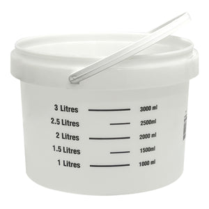 Bennett Tools Canada 4.5L Graduated Plastic Mixing Pail, a white plastic mixing bucket with a wire handle and graduated volume markings from 1 to 3 liters.