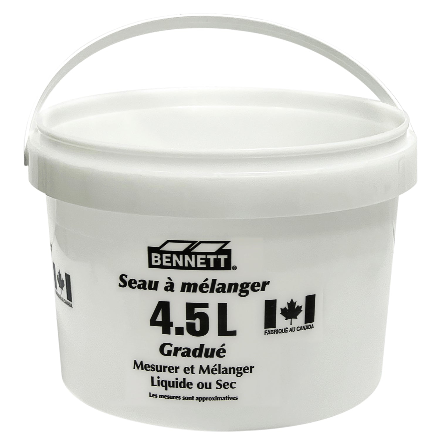 Bennett Tools Canada 4.5L Graduated Plastic Mixing Pail, a white plastic pail with a wire handle, measurement markings, and a 4.5L capacity label.