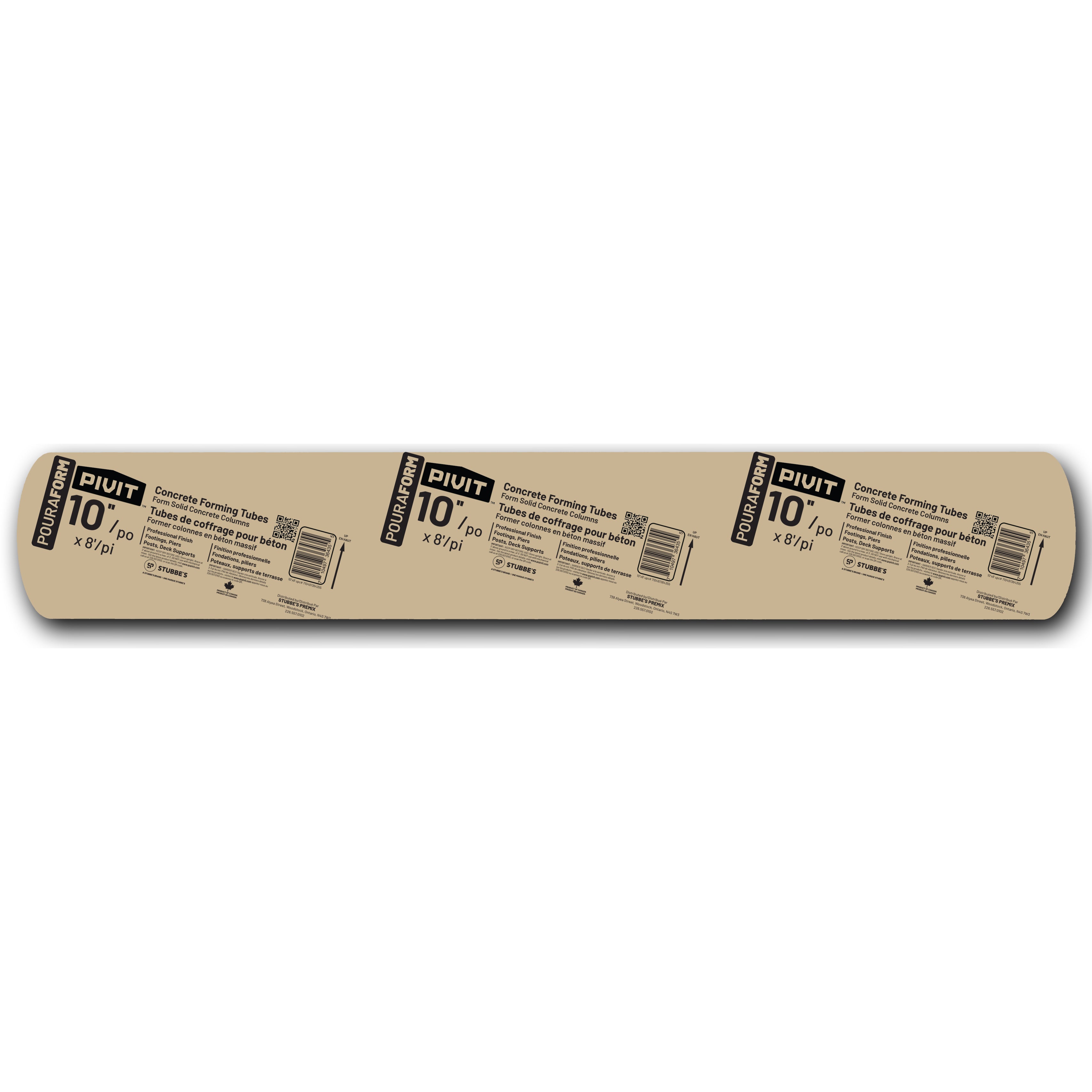 A Stubbe's 10" x 8' Concrete Form Tube, designed for forming concrete columns or piers, with instructions and product info printed on its surface.