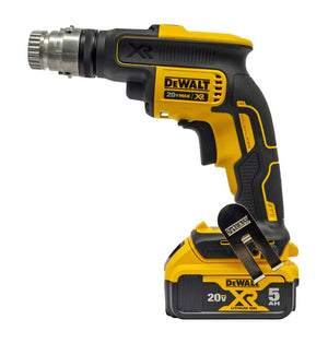 DeWalt cordless drill with battery on a white background