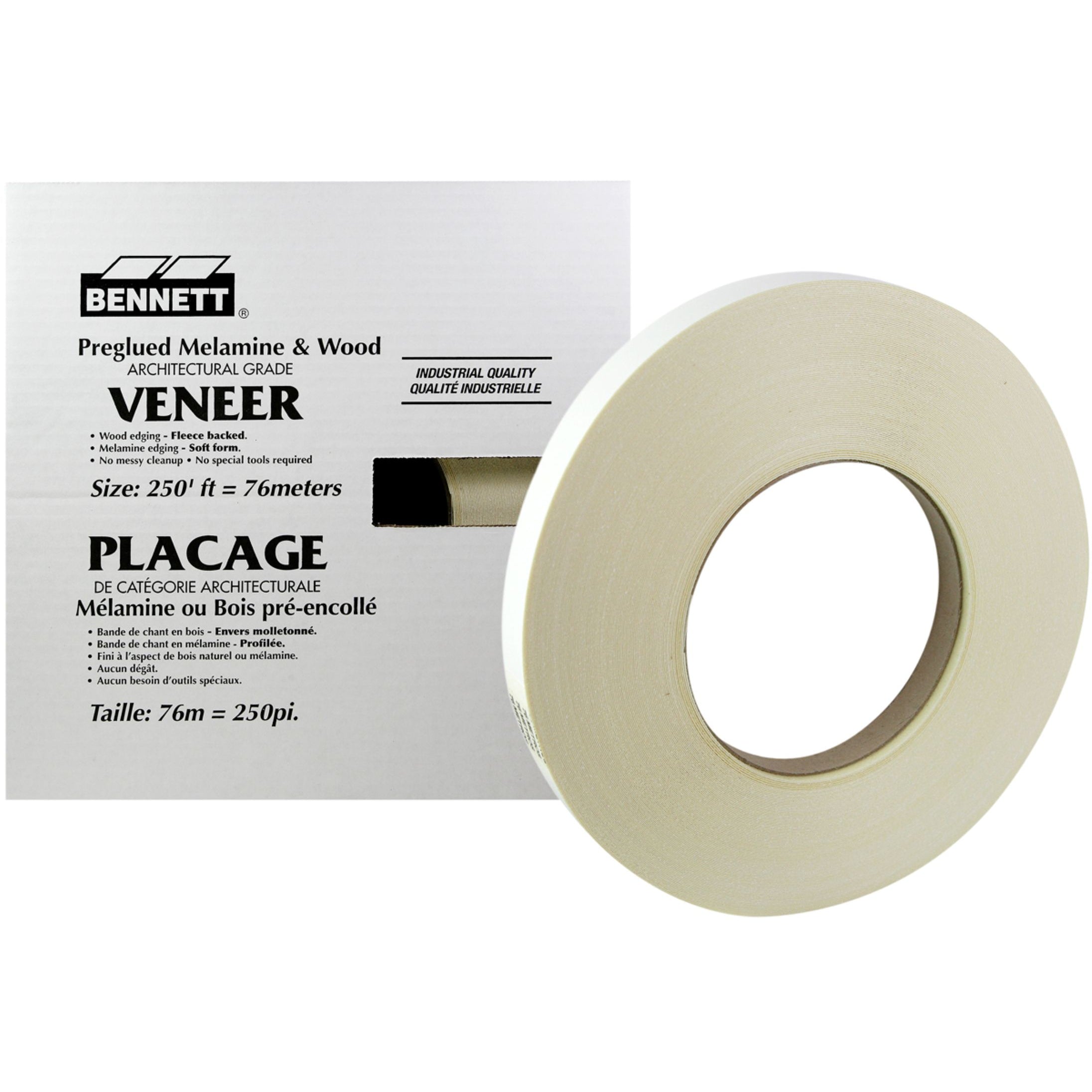 A roll of 7/8″ x 250′ White Melamine Veneer Edgebanding next to its product box.