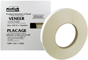 A roll of 7/8″ x 250′ White Melamine Veneer Edgebanding next to its product box.