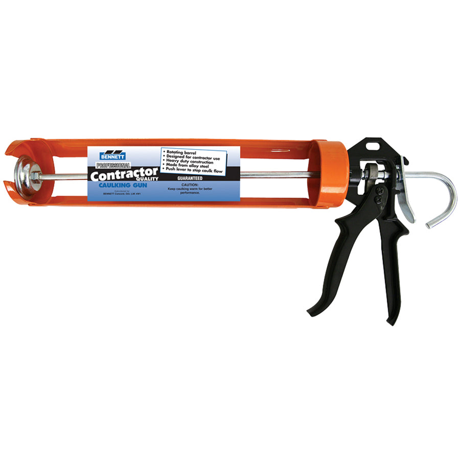 A Bennett Tools Canada 13″ Heavy Duty Contractor Caulking Gun in orange with a rotating barrel, black trigger handle, and a label listing precision caulk control features and instructions.