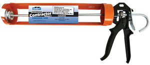 A Bennett Tools Canada 13″ Heavy Duty Contractor Caulking Gun in orange with a rotating barrel, black trigger handle, and a label listing precision caulk control features and instructions.