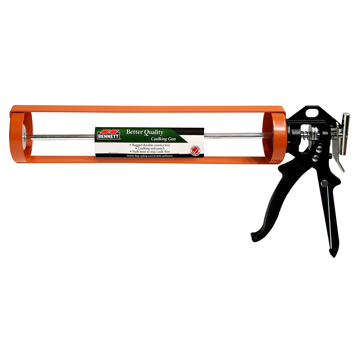 A 13″ Orange Quart Caulking Gun featuring a durable construction, a black trigger mechanism, and a label listing details like a seal punch and flow control for precision application.