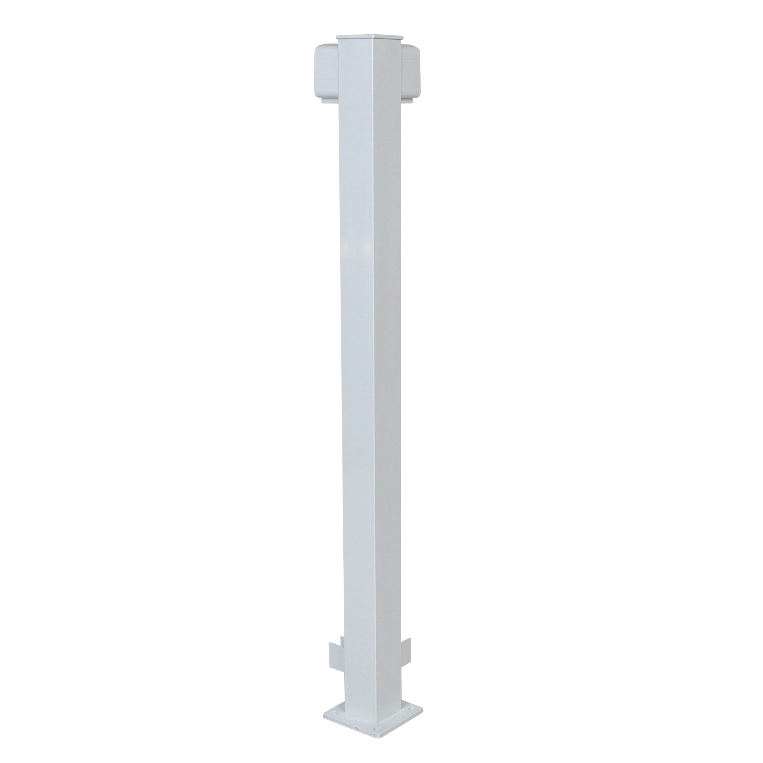 The Regal Rail Corner Post, White (FOR 36" HEIGHT) by Regal Rail is a tall, vertical white post with a square base and mounting brackets, designed for structural support in aluminum railing systems and offers excellent corrosion resistance.