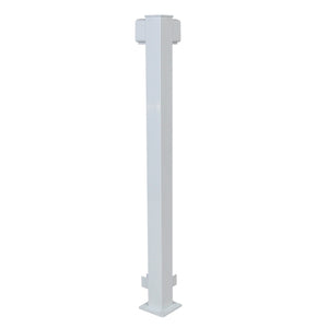 The Regal Rail Corner Post, White (FOR 36" HEIGHT) by Regal Rail is a tall, vertical white post with a square base and mounting brackets, designed for structural support in aluminum railing systems and offers excellent corrosion resistance.