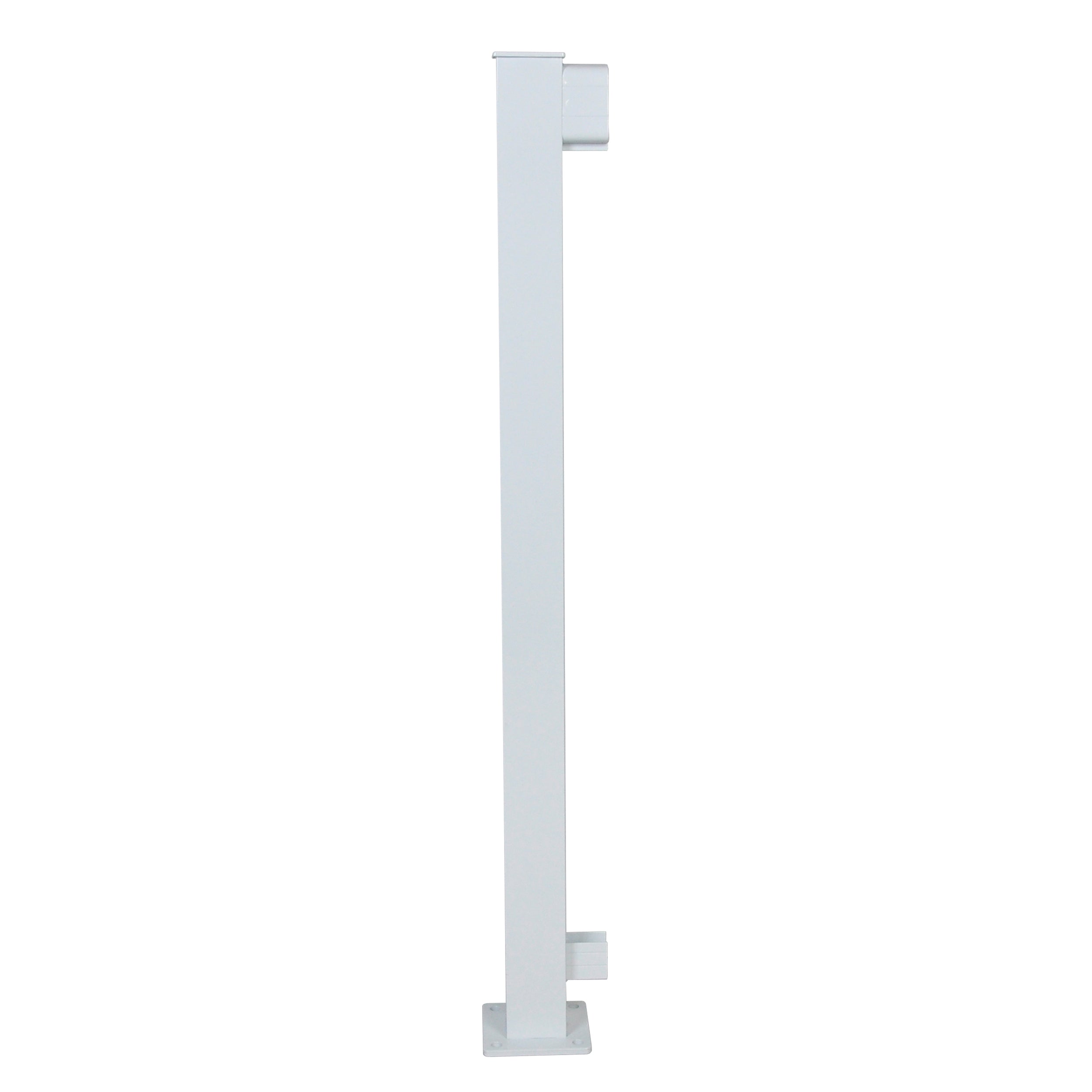 The Regal Rail Corner Post, White (FOR 36" HEIGHT) by Regal Rail is a durable aluminum post with a flat base and two brackets, shown from the side on a white background to highlight its corrosion resistance.