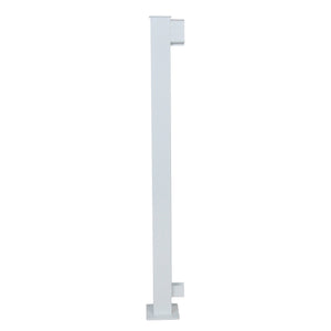 The Regal Rail Corner Post, White (FOR 36" HEIGHT) by Regal Rail is a durable aluminum post with a flat base and two brackets, shown from the side on a white background to highlight its corrosion resistance.