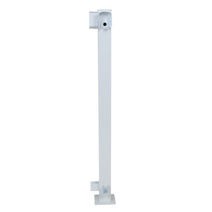 The Regal Rail Corner Post, White (FOR 36" HEIGHT) by Regal Rail is a corrosion-resistant aluminum post with a square base, top hole, and mounting brackets for vertical installation in railing systems.
