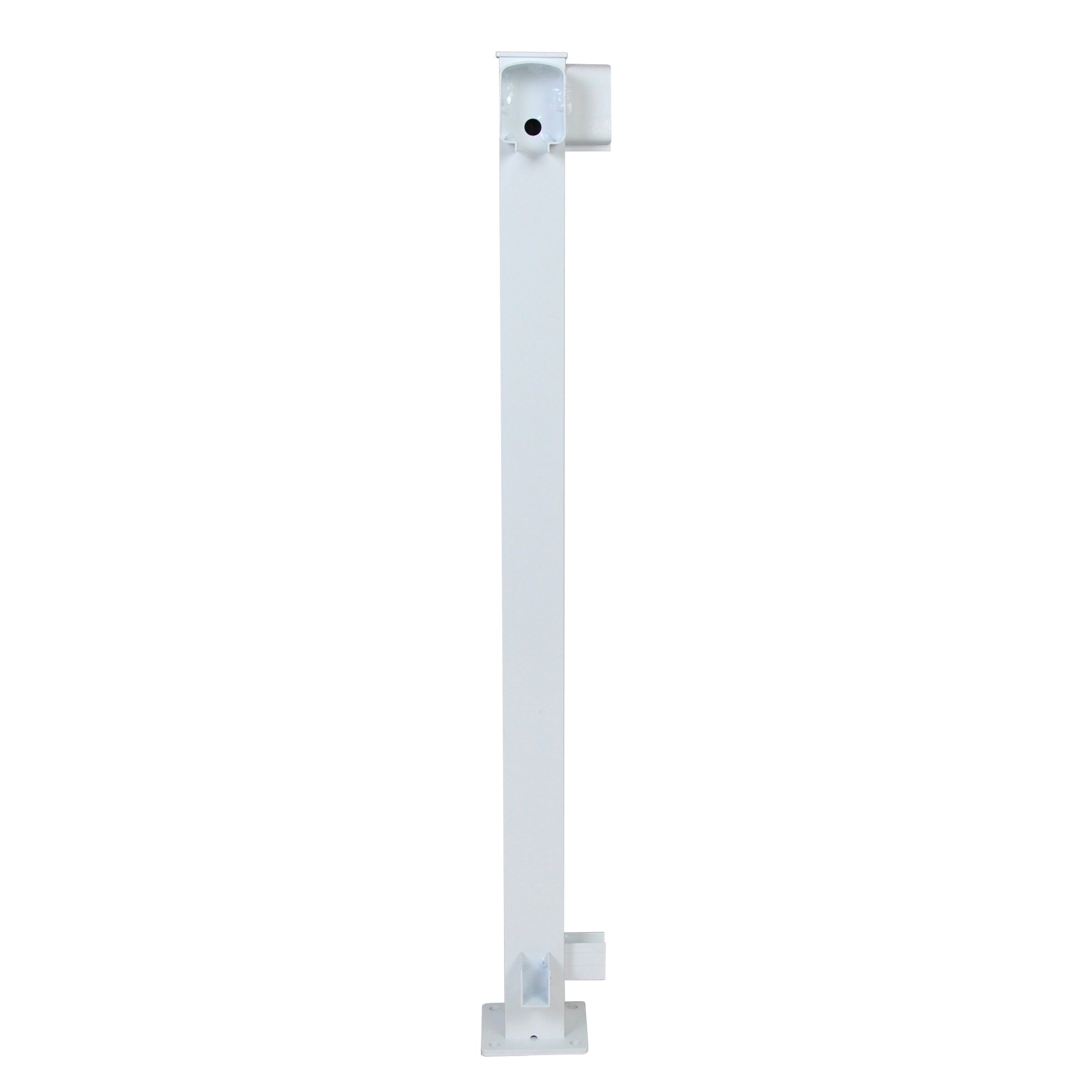 The Regal Rail Corner Post, White (FOR 36" HEIGHT) by Regal Rail is a tall vertical white metal post with top and bottom mounting brackets, designed for aluminum railing systems and improved corrosion resistance, shown against a plain white background.