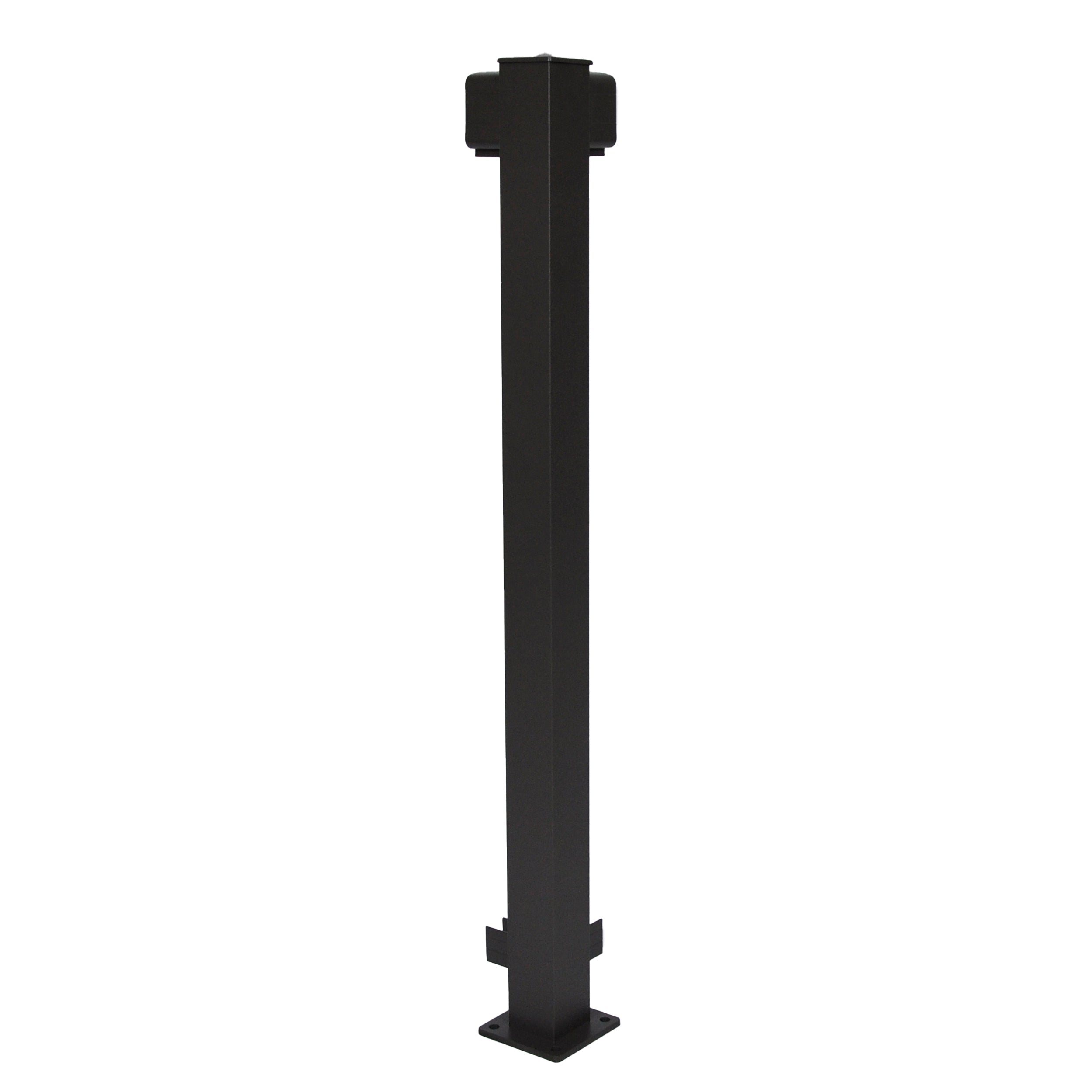 The Regal Rail Corner Post, Textured Black (for 36" height), by Regal Rail, is a tall rectangular post with a flat base and wider top, designed for mounting in aluminum railing systems and offering enhanced corrosion resistance.