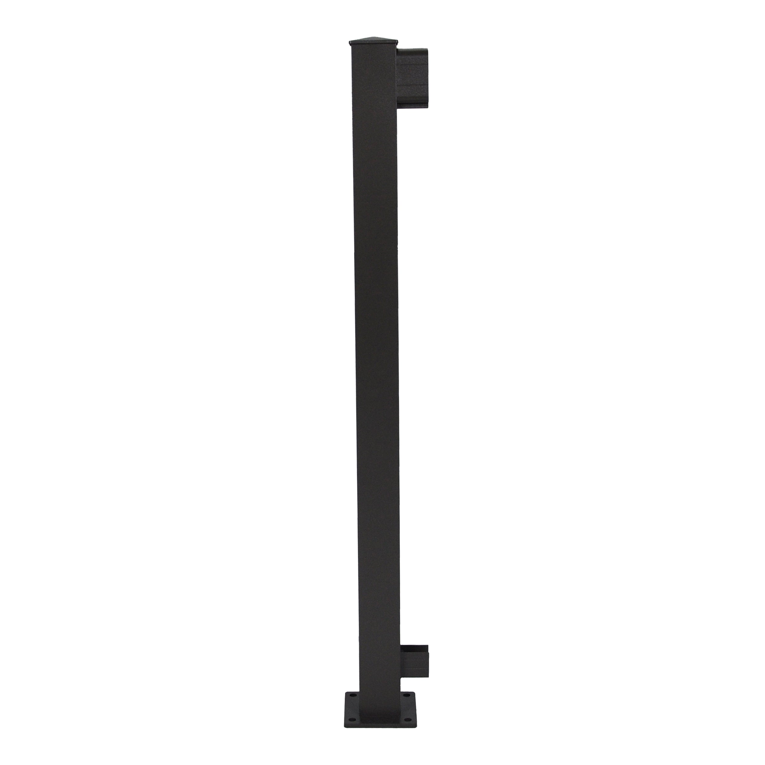 The Regal Rail Corner Post, Textured Black (FOR 36" HEIGHT), a tall rectangular post with a flat base and two horizontal brackets for Aluminum Railing Systems, is pictured on a white background, highlighting corrosion resistance.