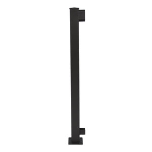 The Regal Rail Corner Post, Textured Black (FOR 36" HEIGHT), a tall rectangular post with a flat base and two horizontal brackets for Aluminum Railing Systems, is pictured on a white background, highlighting corrosion resistance.