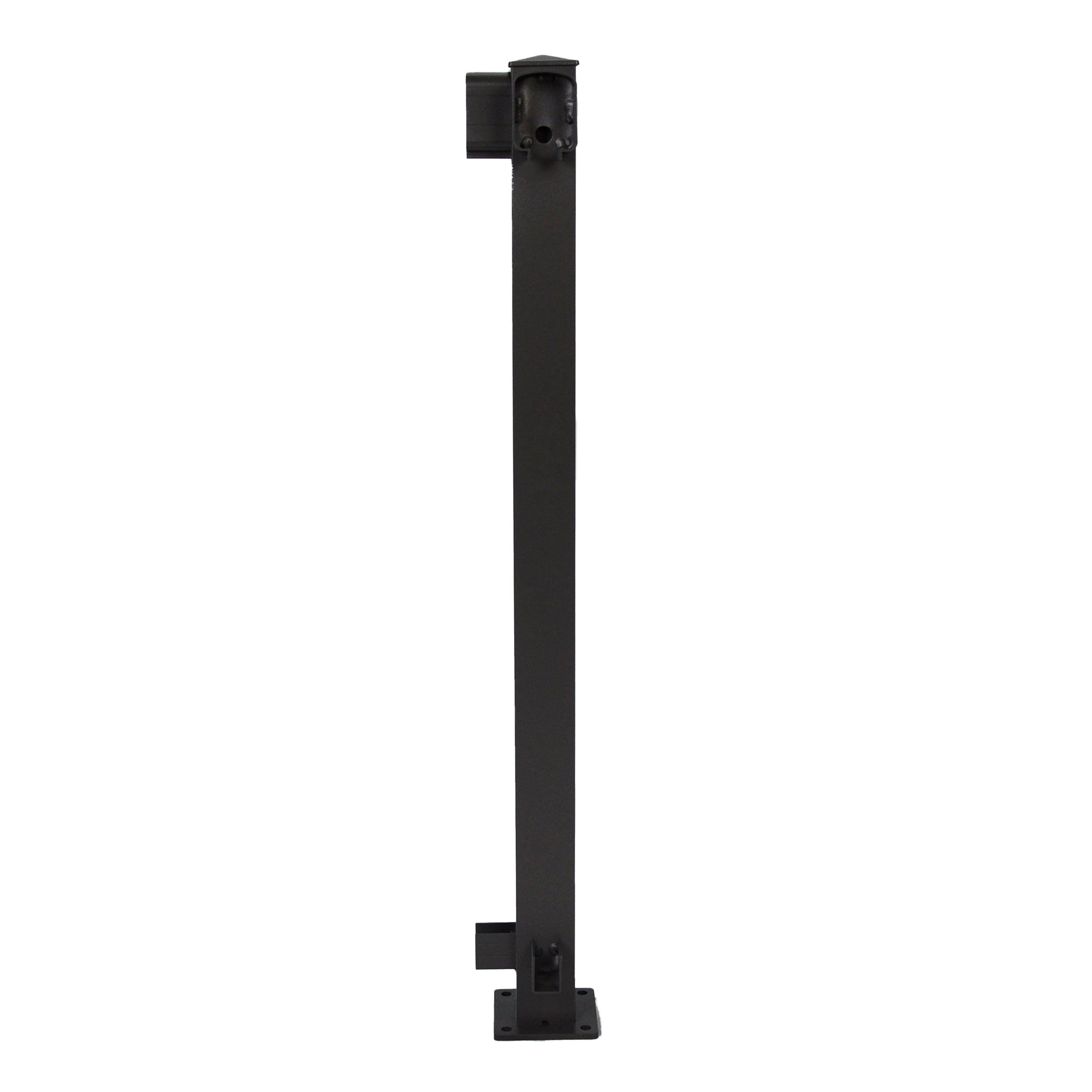 The Regal Rail Corner Post, Textured Black (FOR 36" HEIGHT), by Regal Rail, includes mounting plates at both ends and two side brackets. It offers excellent corrosion resistance for aluminum railing systems in structural or fencing use.
