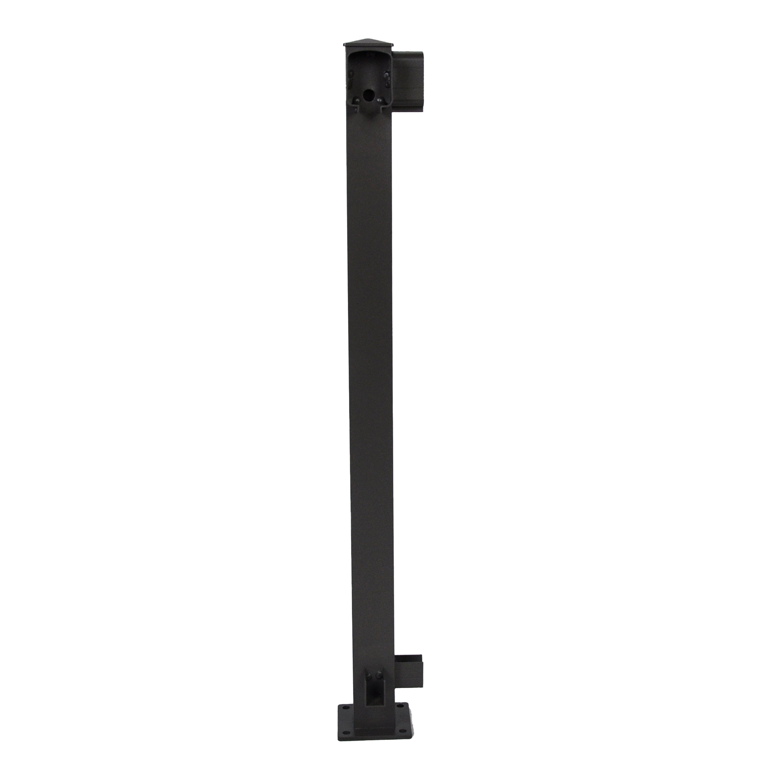 The Regal Rail Corner Post, Textured Black (FOR 36" HEIGHT) by Regal Rail, is a tall, rectangular post with top and bottom mounting brackets for Aluminum Railing Systems, shown vertically against a white background for durability and corrosion resistance.