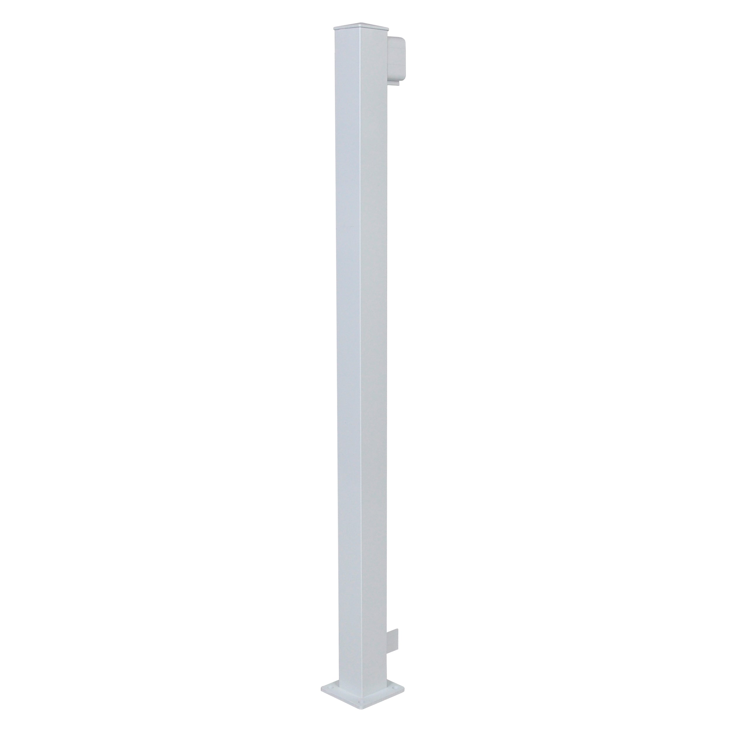 The Regal Rail End Post, White (FOR 36" HEIGHT) by Regal Rail is a tall, rectangular aluminum post with a flat base and small top bracket, designed for 36" railing systems, shown upright against a plain white background.
