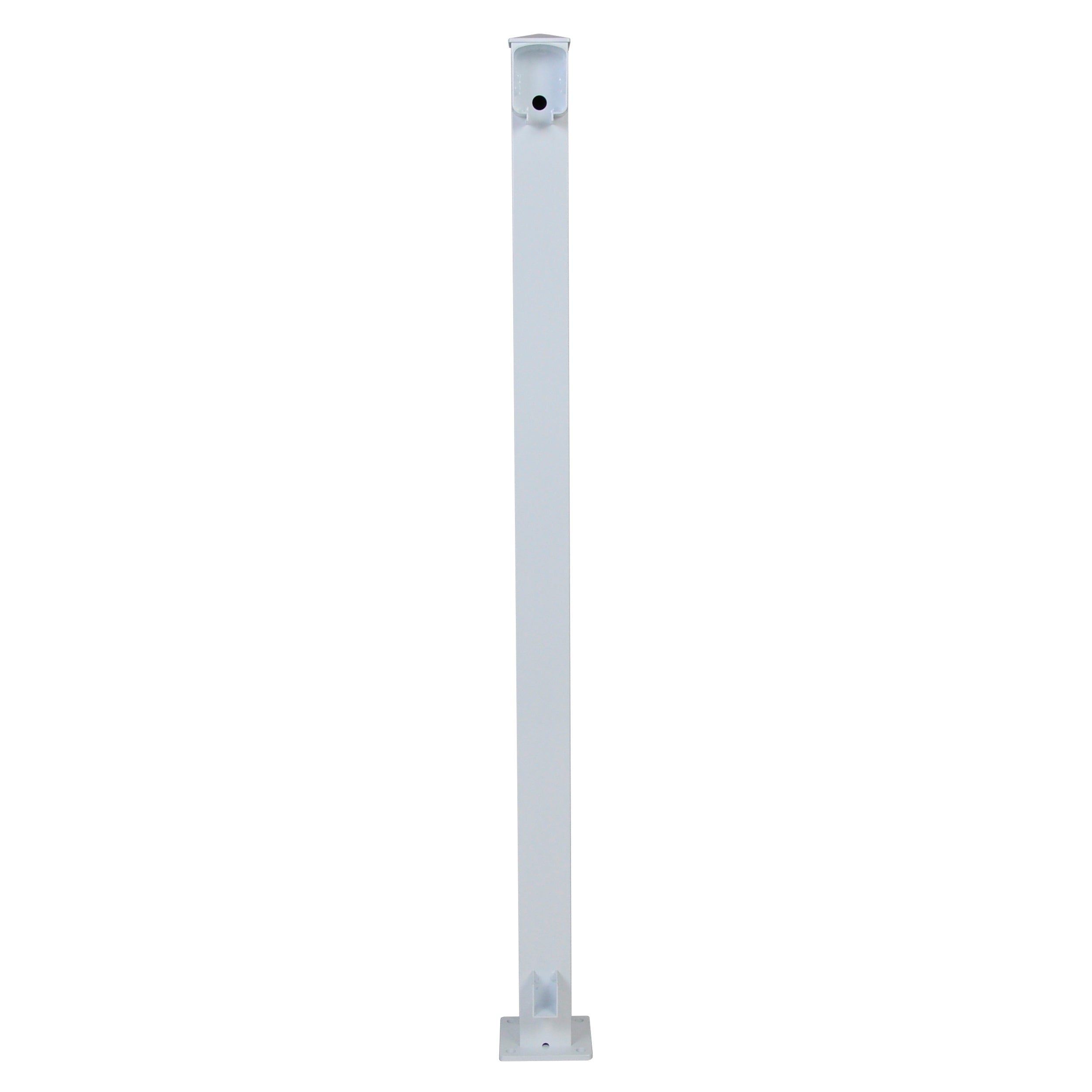 The Regal Rail End Post, White (FOR 36" HEIGHT) by Regal Rail, is a vertical white post with a square base and round hole near the top for aluminum railing systems, shown against a plain white background.