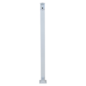 The Regal Rail End Post, White (FOR 36" HEIGHT) by Regal Rail, is a vertical white post with a square base and round hole near the top for aluminum railing systems, shown against a plain white background.