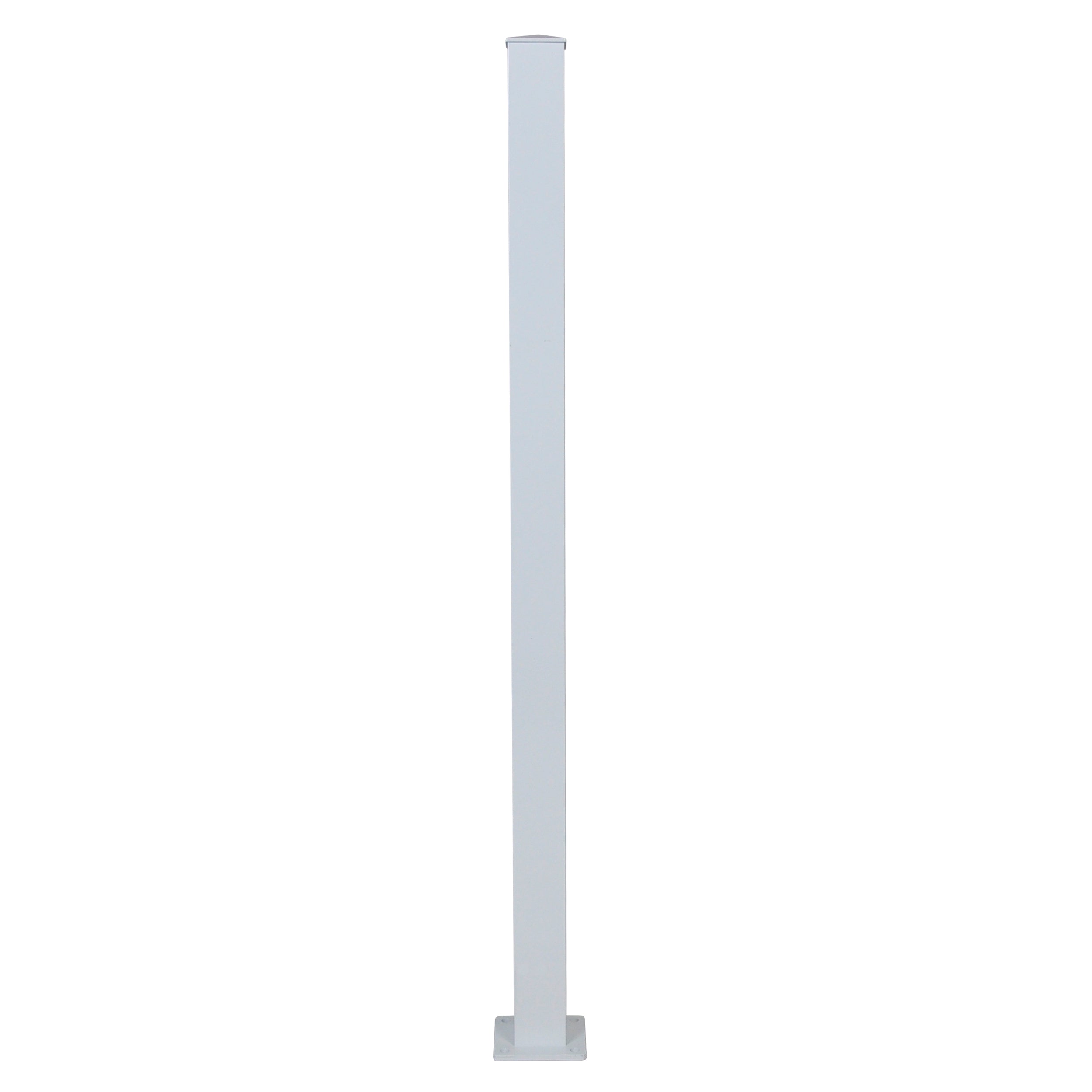 A tall, slender white Regal Rail End Post stands upright on a square base against a plain background—ideal for 36" height aluminum railing systems.