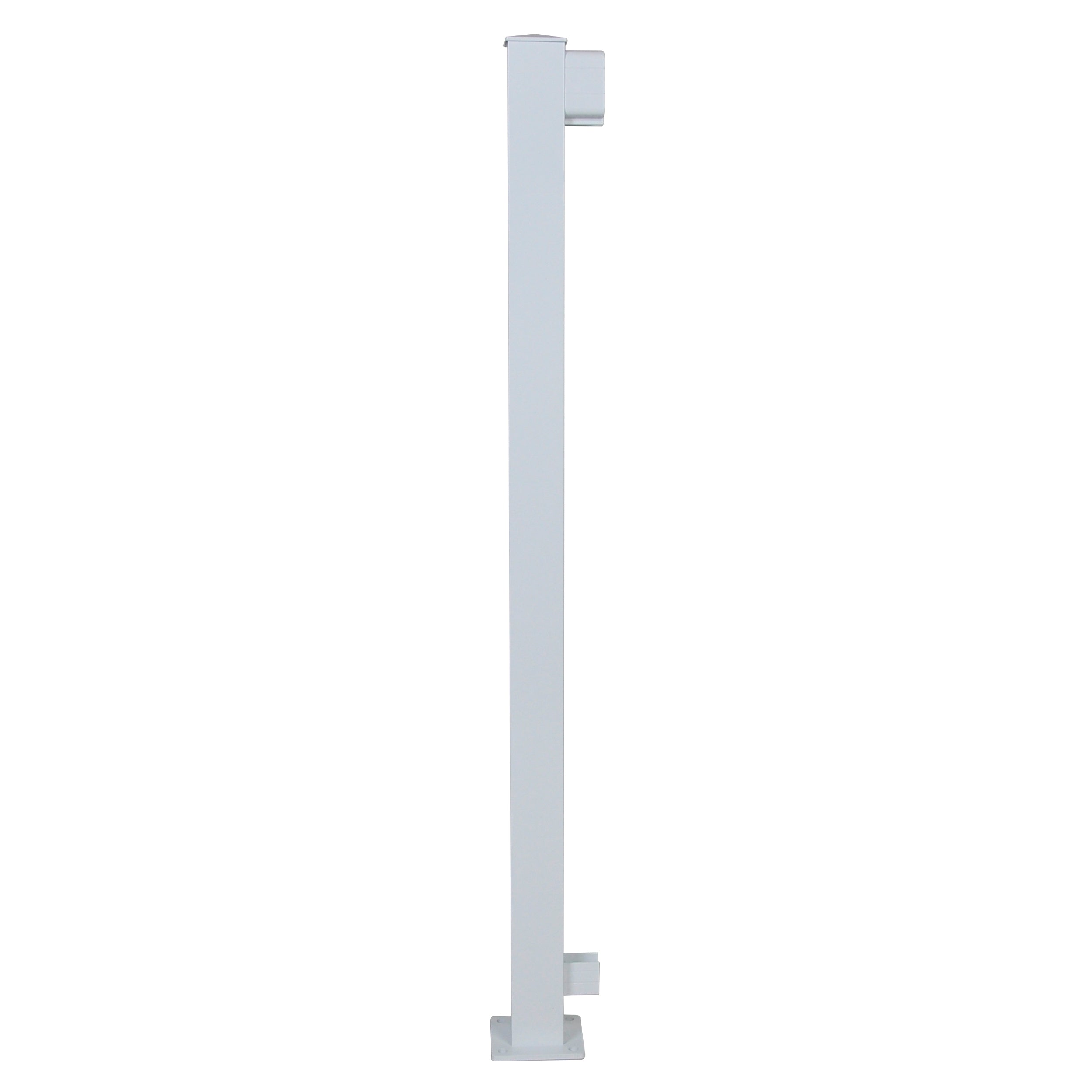 The Regal Rail End Post, White (FOR 36" HEIGHT) by Regal Rail, is a vertical aluminum post with two side brackets and flat base, shown against a white background; perfect for achieving a 36-inch finished railing height.