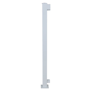 The Regal Rail End Post, White (FOR 36" HEIGHT) by Regal Rail, is a vertical aluminum post with two side brackets and flat base, shown against a white background; perfect for achieving a 36-inch finished railing height.