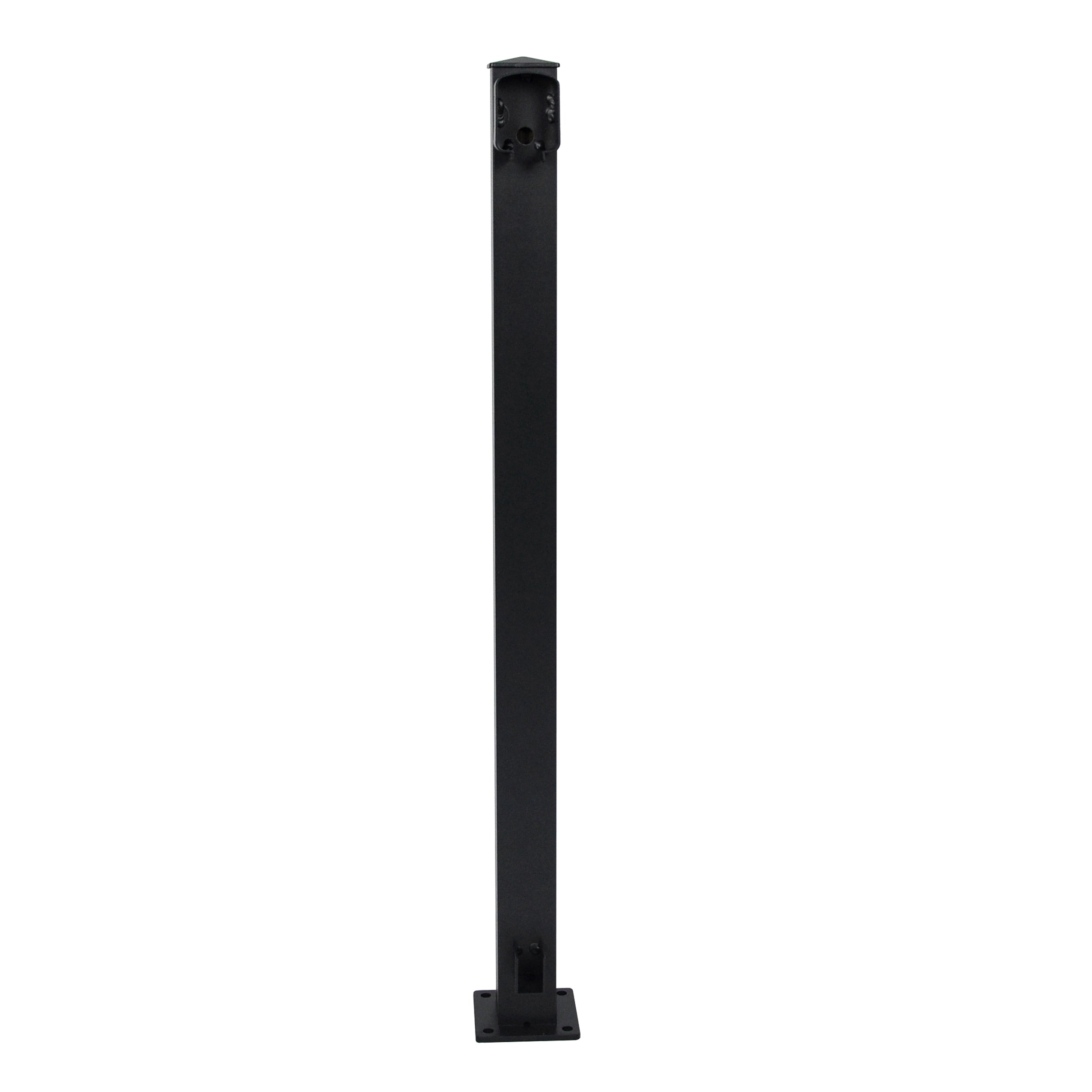 The Regal Rail End Post, Textured Black (for 36" height), by Regal Rail, features a tall, square-based design for aluminum railing systems with excellent corrosion resistance. Shown against a plain white background.