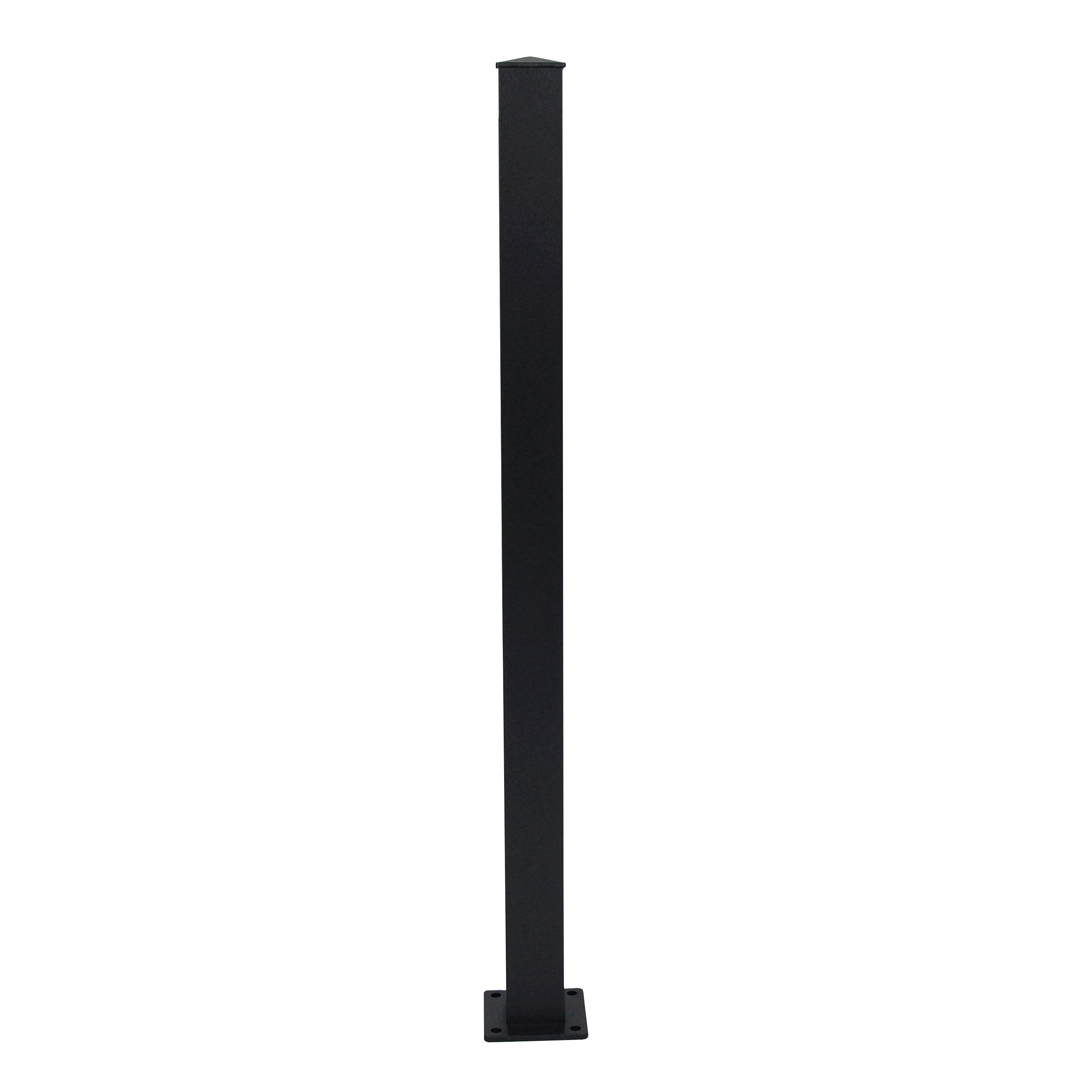 The Regal Rail End Post, Textured Black (FOR 36" HEIGHT), by Regal Rail, is a durable square metal post with a flat cap and rectangular base plate, designed for aluminum railing systems and excellent corrosion resistance.