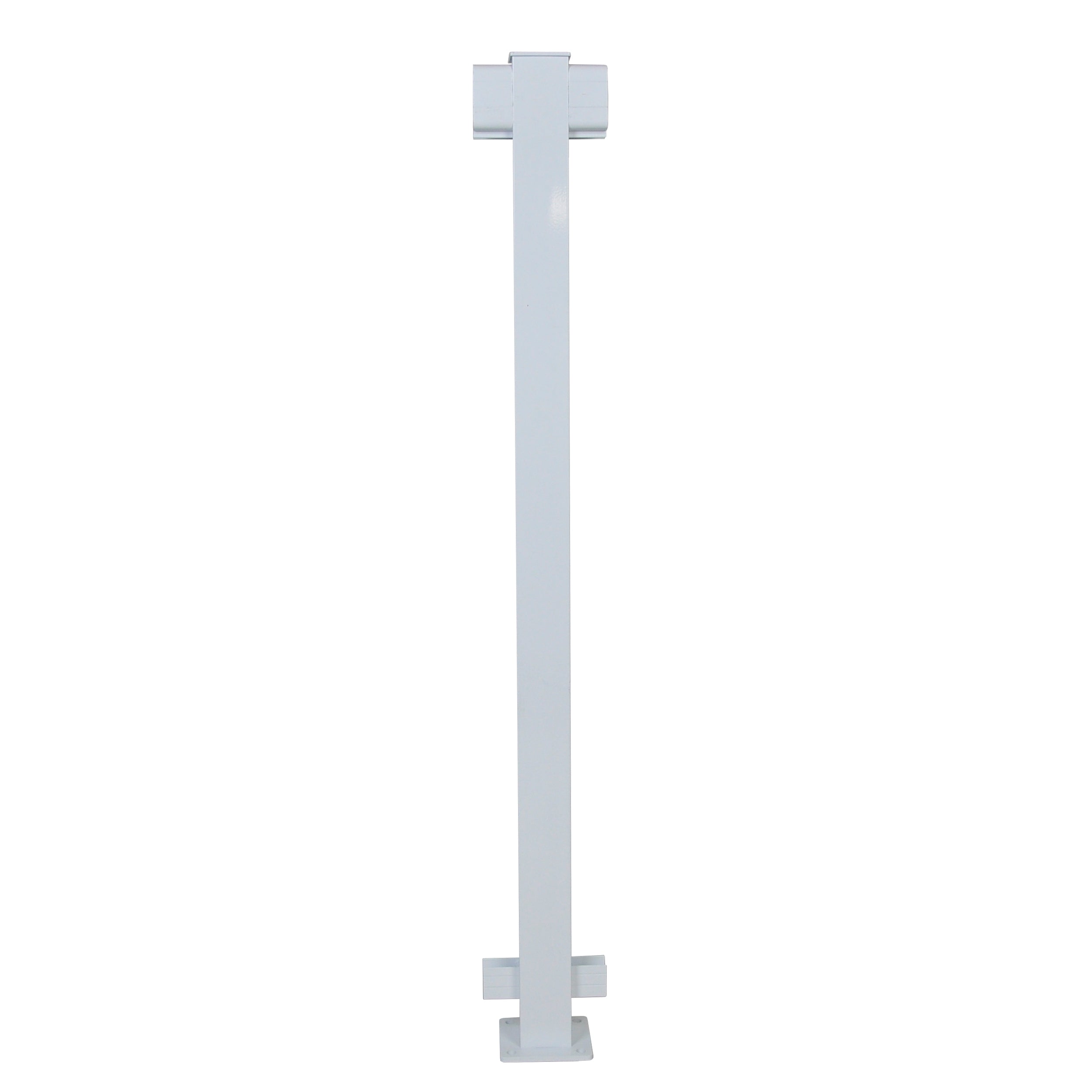 The Regal Rail Line Post, White (FOR 36" HEIGHT) by Regal Rail features flat rectangular bases and stands 36" tall for aluminum railing systems, displayed against a plain white background.