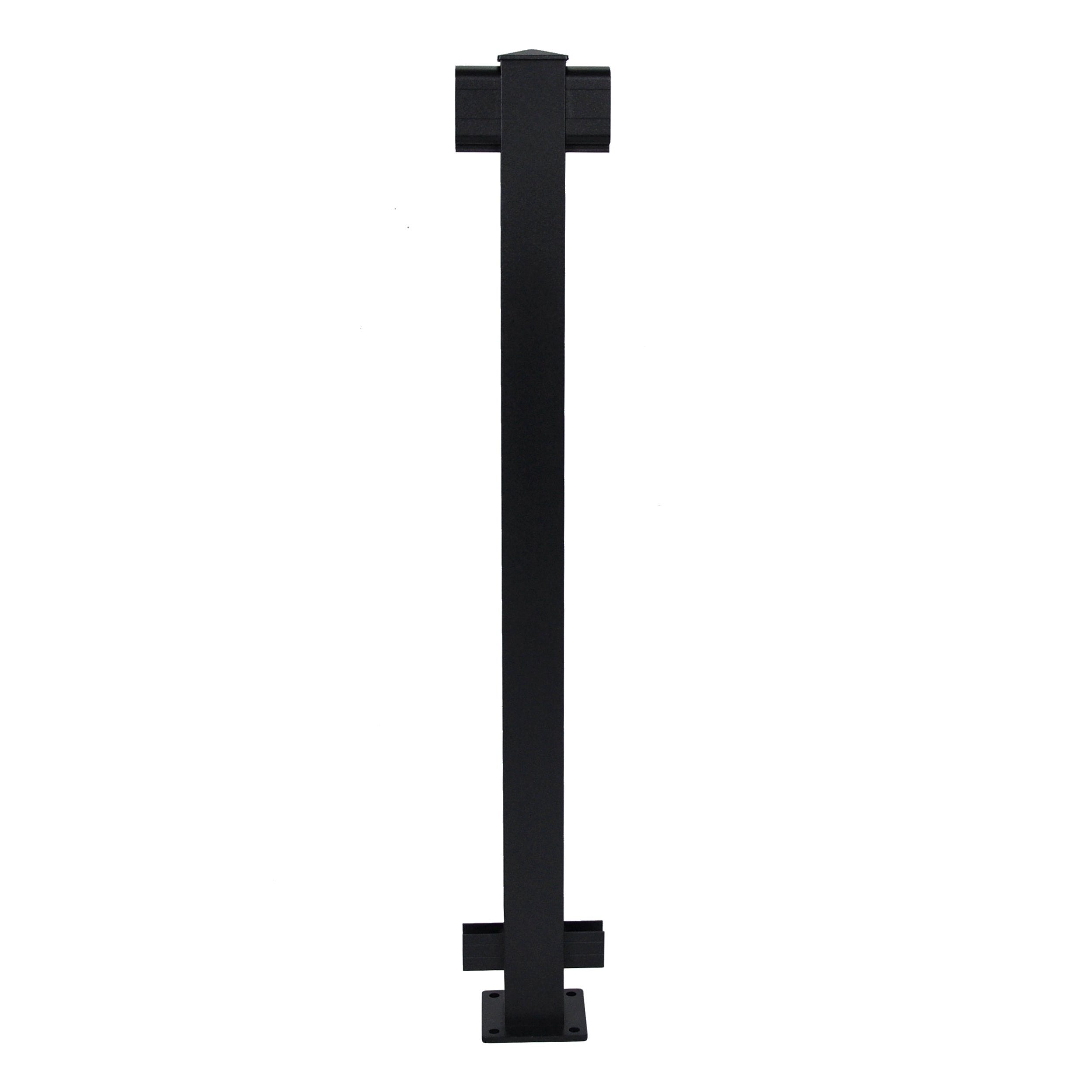 The Regal Rail Line Post, Textured Black (FOR 36" HEIGHT) by Regal Rail, features a flat base and two horizontal brackets in UV powder coated aluminum—perfect for modern Aluminum Railing Systems.