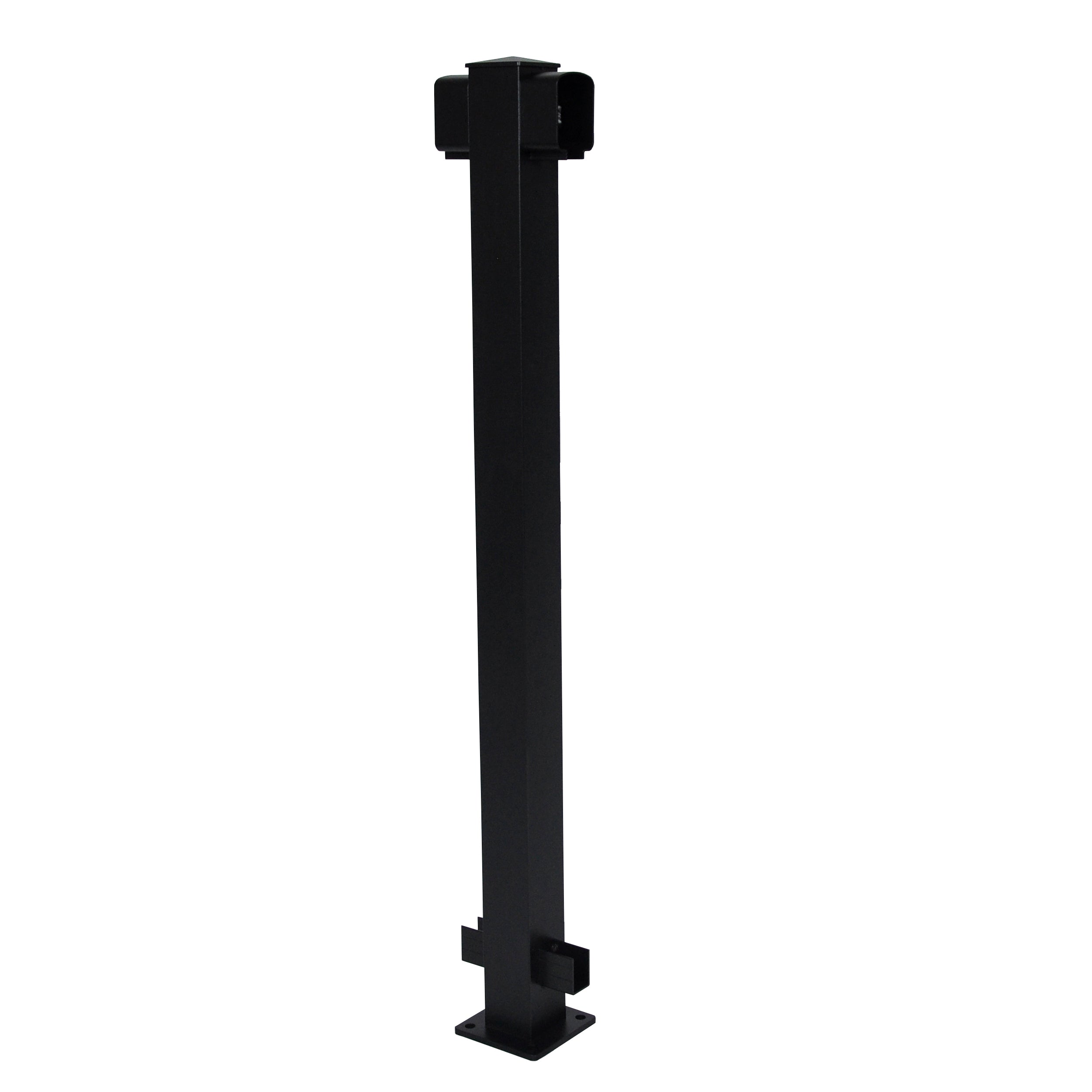 The Regal Rail Line Post in Textured Black by Regal Rail, designed for 36" railing height, stands upright with a square base and mounting brackets against a plain white background—ideal for structural or outdoor use in aluminum railing systems.