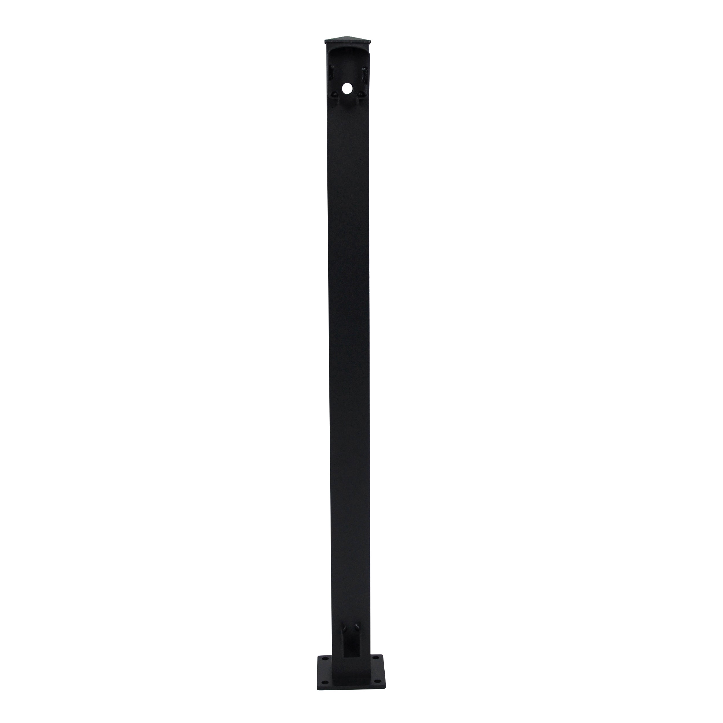 The Regal Rail Line Post, Textured Black (FOR 36" HEIGHT) by Regal Rail, features a tall, narrow design with a square base and top hole in UV powder-coated aluminum—ideal for modern Aluminum Railing Systems.