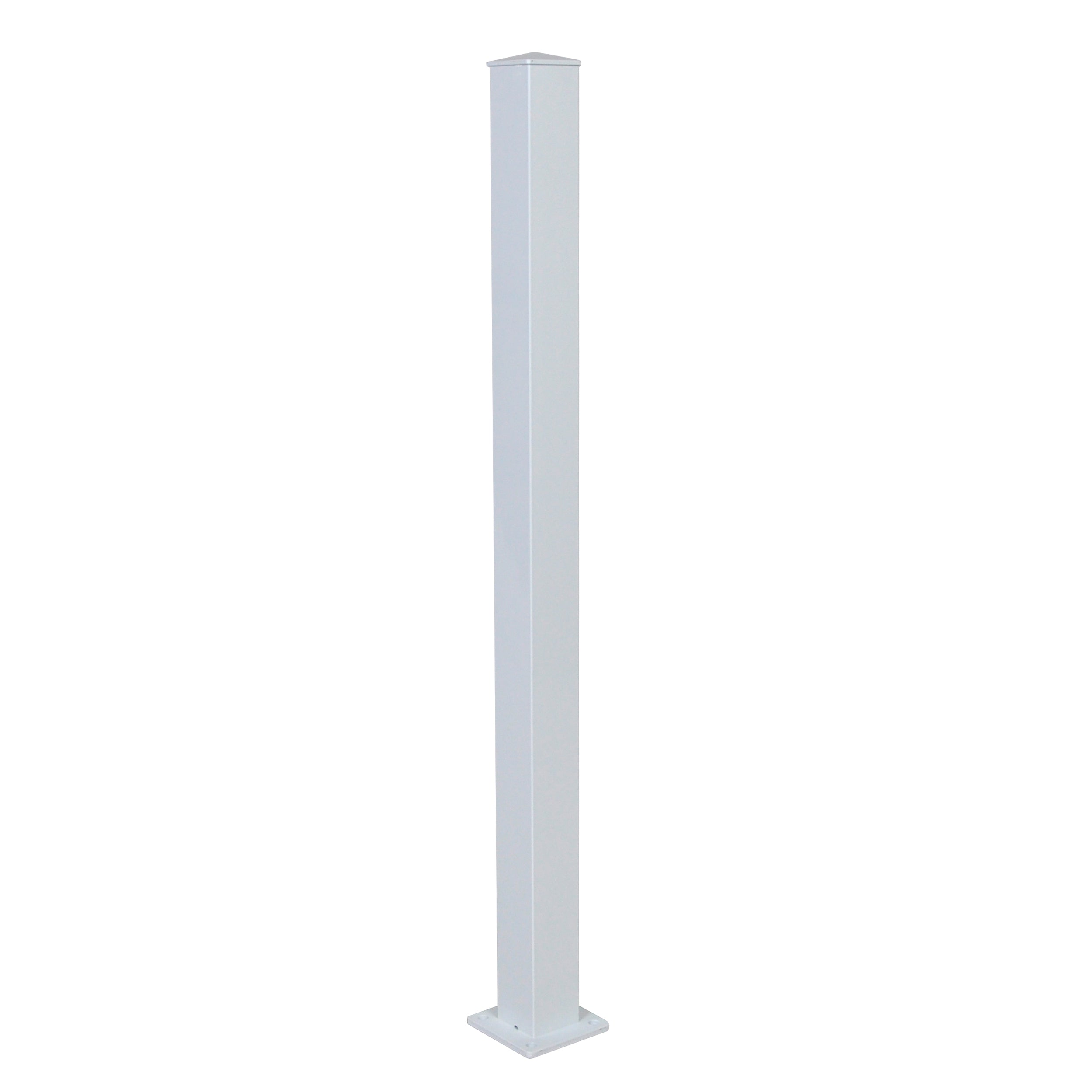 The Regal Rail Regal Stair Post, White (FOR 36" HEIGHT), is a tall, square, powder-coated aluminum post with a flat base plate for surface mounting or installation.