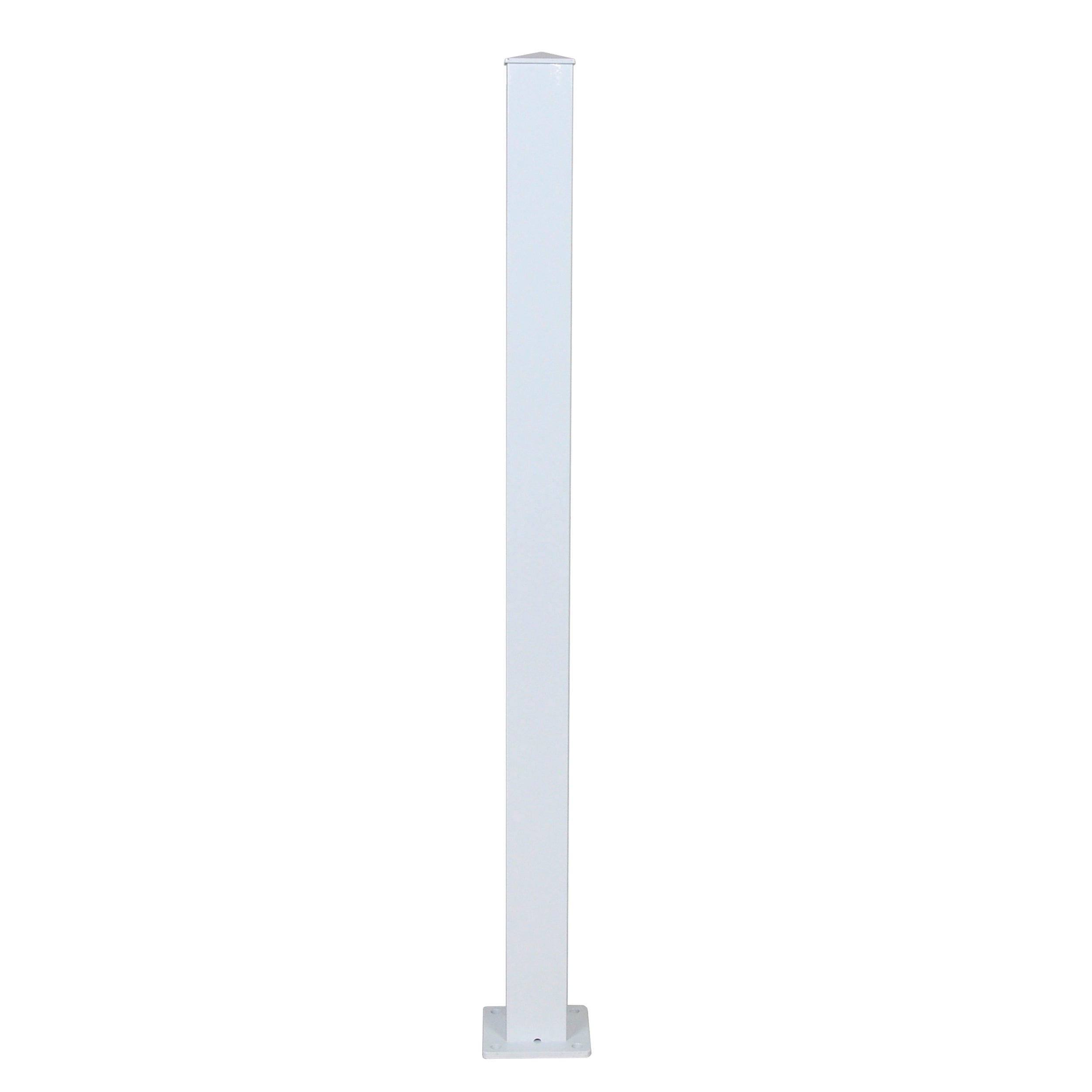 The Regal Rail Regal Stair Post, White (for 36" height), features a tall, powder coated aluminum design with a flat square base and stands upright against a plain white background.