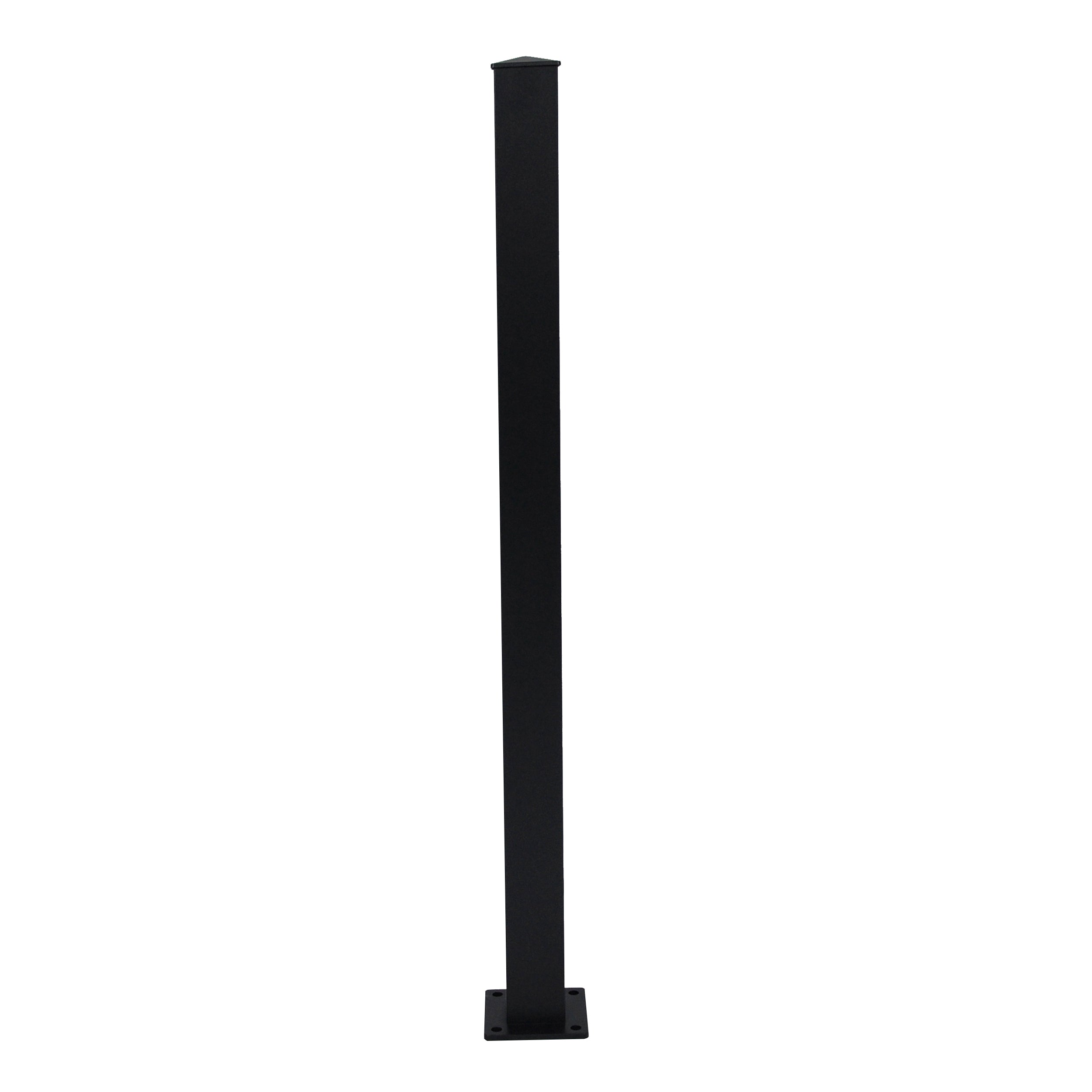 The Regal Rail Stair Post in textured black (for 36" height) by Regal Rail features a flat base plate and a slightly pointed cap—perfect for modern aluminum railing systems.