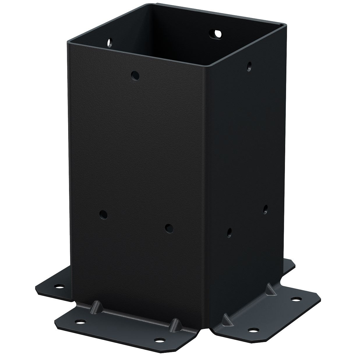 The Simpson Strong-Tie® Sage Post Base for 4x4, Black (2 per Pack) features a black galvanized steel construction with a square opening, multiple bolt holes on each side, and flared flat mounting plates at the bottom corners. Designed for compatibility with concrete screw anchors, it provides a secure outdoor connection—ideal as a sturdy pergola connector.