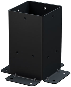 The Simpson Strong-Tie® Sage Post Base for 4x4, Black (2 per Pack) features a black galvanized steel construction with a square opening, multiple bolt holes on each side, and flared flat mounting plates at the bottom corners. Designed for compatibility with concrete screw anchors, it provides a secure outdoor connection—ideal as a sturdy pergola connector.