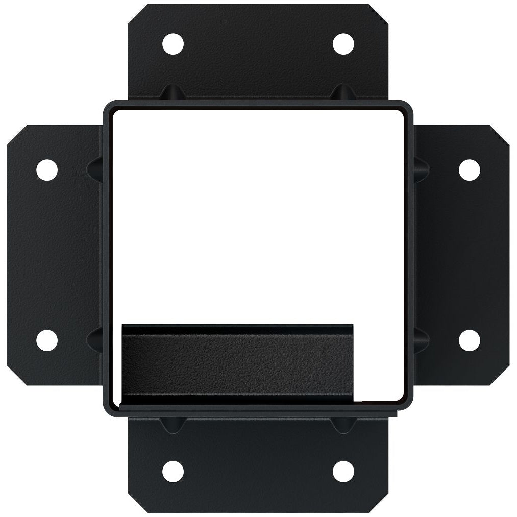 Simpson Strong-Tie® Sage Post Base for 4x4, Black (2 per Pack) features a durable black metal design with four flanges—each containing two screw holes compatible with concrete anchors—and a square central opening. One inside edge has a small horizontal lip extending inward, providing added support and making it an ideal galvanized steel post base for securely connecting outdoor pergolas.