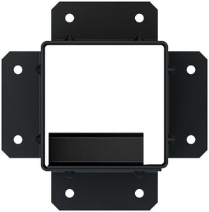 Simpson Strong-Tie® Sage Post Base for 4x4, Black (2 per Pack) features a durable black metal design with four flanges—each containing two screw holes compatible with concrete anchors—and a square central opening. One inside edge has a small horizontal lip extending inward, providing added support and making it an ideal galvanized steel post base for securely connecting outdoor pergolas.