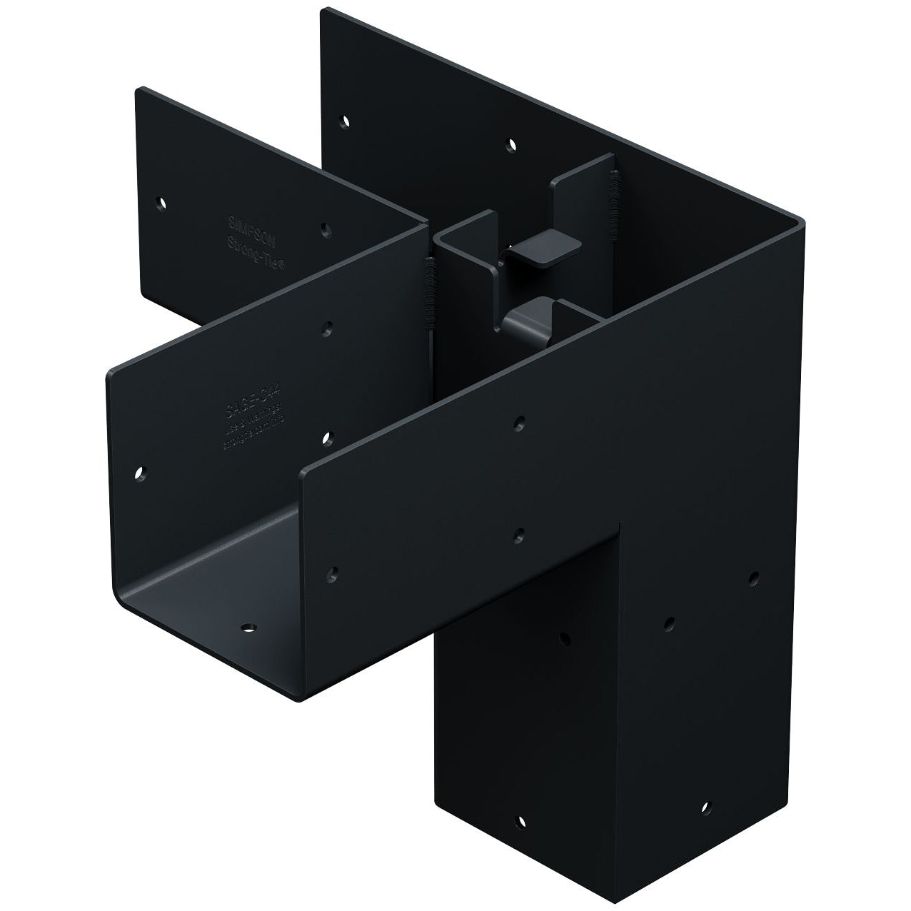 The Sage Corner Connector for 6x6 by Simpson Strong-Tie® (Black, 2 per Pack) is a robust metal bracket featuring multiple flanges and holes, designed for joining beams at right angles in construction or woodworking projects. Ideal as an outdoor pergola connector, this product delivers strength and durability for various structural applications.
